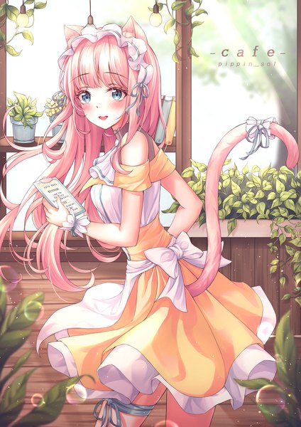 Anime picture 2480x3508 with original pippin sol single long hair tall image looking at viewer blush fringe highres open mouth blue eyes smile standing holding signed animal ears payot pink hair tail blunt bangs