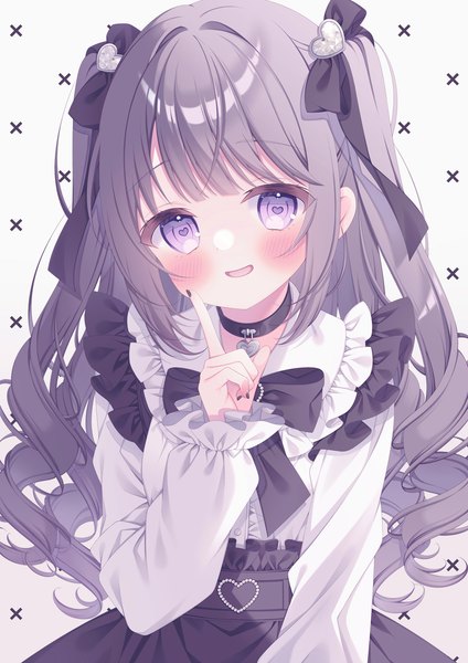Anime picture 1061x1500 with original puu (kari---ume) single long hair tall image looking at viewer blush fringe open mouth purple eyes nail polish :d grey hair two side up drill hair symbol-shaped pupils black nail polish heart-shaped pupils girl hair ornament