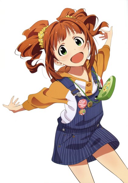 Anime picture 2809x4000 with idolmaster takatsuki yayoi single long hair tall image looking at viewer blush highres open mouth simple background smile brown hair white background twintails green eyes drill hair happy spread arms dancing girl