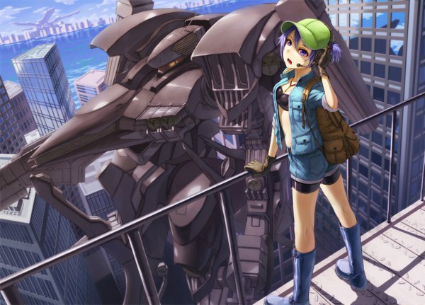 Anime picture 1392x1000 with touhou armored core kawashiro nitori kurione (zassou) short hair open mouth blue eyes blue hair open clothes open jacket city girl jacket shorts boots headphones building (buildings) backpack flat cap robot