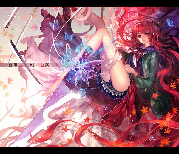 Anime picture 980x840 with original tamahagane gakuen touransai mypower_53mnds single looking at viewer fringe light erotic red eyes red hair very long hair pink eyes barefoot open clothes open jacket sparkle pantyshot no shoes legs letterboxed leg lift (legs lift)