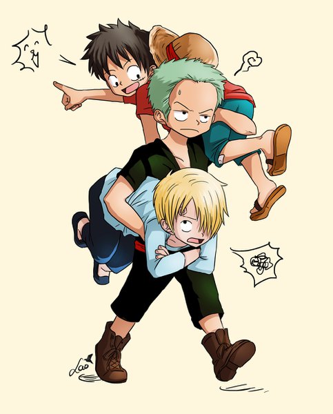 Anime picture 1000x1242 with one piece toei animation monkey d. luffy roronoa zoro sanji lao-paperman tall image fringe short hair open mouth black hair simple background blonde hair signed looking away full body green hair black eyes hair over one eye multiple boys