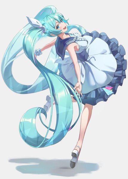 Anime picture 1754x2452 with blue archive vocaloid hatsune miku reulem single tall image looking at viewer fringe highres open mouth simple background hair between eyes twintails full body very long hair :d aqua eyes aqua hair grey background spread arms