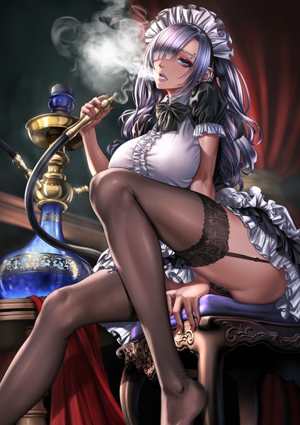 Anime picture 2894x4093 with original sadakage single long hair tall image looking at viewer fringe highres breasts open mouth blue eyes light erotic sitting holding purple hair bent knee (knees) indoors nail polish fingernails lips