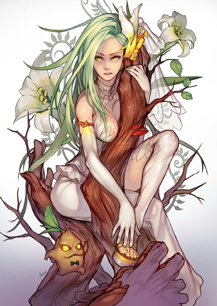 Anime picture 711x1001 with league of legends zyra (league of legends) maokai (league of legends) racoona long hair tall image looking at viewer breasts light erotic simple background yellow eyes green hair girl gloves flower (flowers) plant (plants) tree (trees) elbow gloves