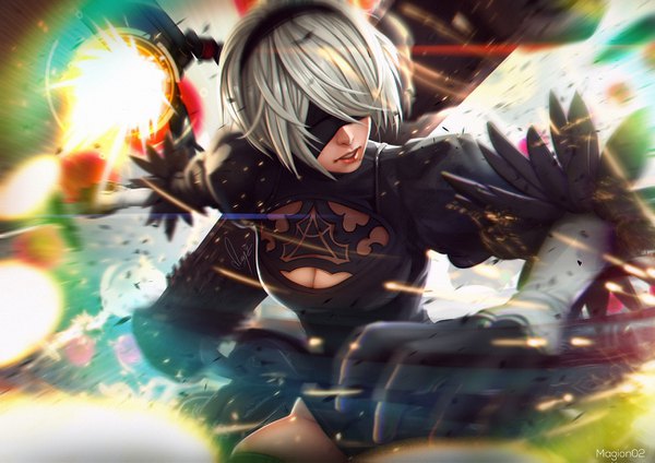 Anime picture 1300x919 with nier nier:automata yorha no. 2 type b magion02 single short hair light erotic signed silver hair parted lips lips blurry mole puffy sleeves cleavage cutout mole under mouth blindfold girl dress hairband
