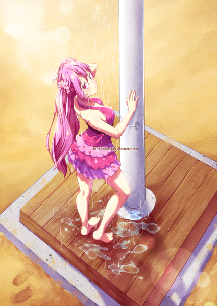 Anime picture 815x1150 with original neko-rina single long hair tall image blush fringe breasts hair between eyes standing twintails bare shoulders pink hair full body bent knee (knees) outdoors pink eyes barefoot from above bare legs