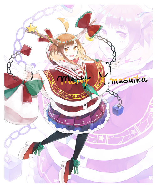 Anime picture 1653x1976 with touhou ibuki suika crazyoton46 single long hair tall image looking at viewer open mouth blonde hair smile yellow eyes ahoge pleated skirt horn (horns) christmas spread arms zoom layer sailor collar girl skirt
