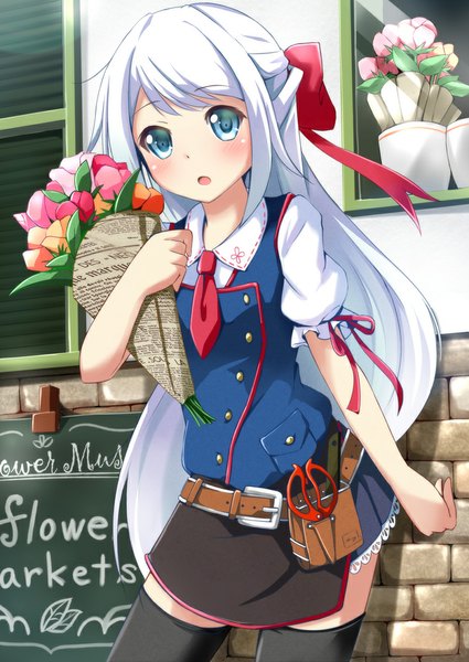 Anime picture 800x1130 with original ok-ray single long hair tall image looking at viewer blush open mouth blue eyes white hair half updo girl thighhighs dress flower (flowers) bow black thighhighs hair bow bouquet scissors