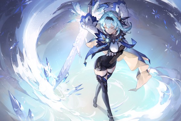 Anime picture 3508x2354 with genshin impact eula lawrence spade-m single fringe highres short hair hair between eyes blue hair absurdres full body eyes closed from above arms up turning head girl thighhighs gloves weapon black thighhighs