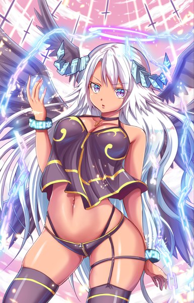 Anime-Bild 2840x4430 mit original tenzeru single long hair tall image looking at viewer fringe highres breasts open mouth light erotic large breasts standing purple eyes bare shoulders cleavage silver hair dark skin magic ass visible through thighs