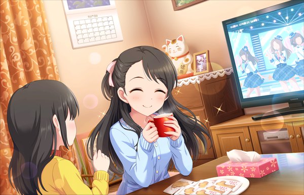 Anime picture 1280x824 with idolmaster idolmaster cinderella girls idolmaster cinderella girls starlight stage kurihara nene long hair blush black hair smile multiple girls eyes closed official art sparkle ^ ^ girl ribbon (ribbons) 2 girls hair ribbon sweater mug calendar