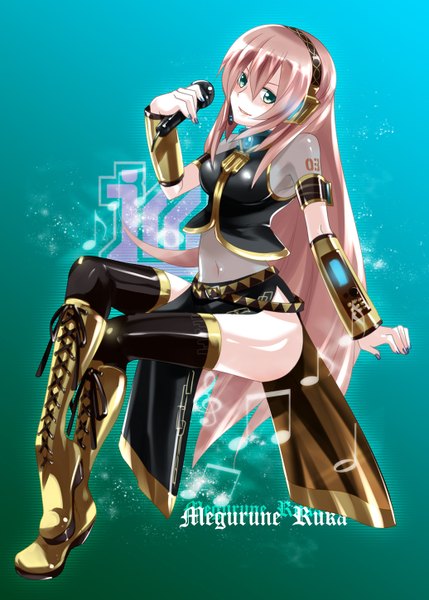 Anime picture 1036x1450 with vocaloid megurine luka caffein single long hair tall image simple background green eyes pink hair girl thighhighs navel black thighhighs boots hairband headphones microphone musical note