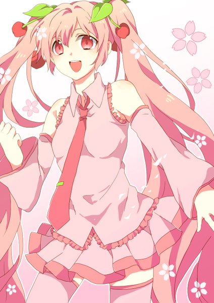 Anime picture 1000x1415 with vocaloid hatsune miku sakura miku awa (houteishiki) single long hair tall image blush open mouth red eyes twintails bare shoulders pink hair girl skirt detached sleeves necktie food leaf (leaves) berry (berries)