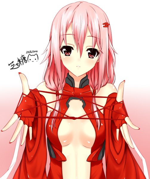 Anime picture 2330x2777 with guilty crown production i.g yuzuriha inori nagi-the-cheese (ppshex) single long hair tall image looking at viewer highres red eyes pink hair girl hair ornament hairclip fingerless gloves bodysuit