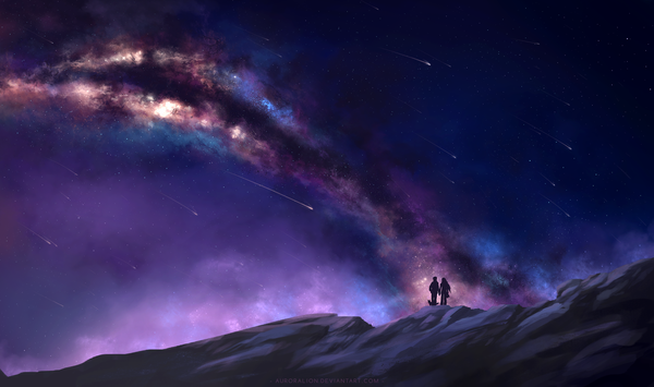 Anime picture 1838x1088 with original auroralion highres wide image night from below night sky holding hands mountain silhouette milky way meteor rain girl boy animal star (stars) bag dog