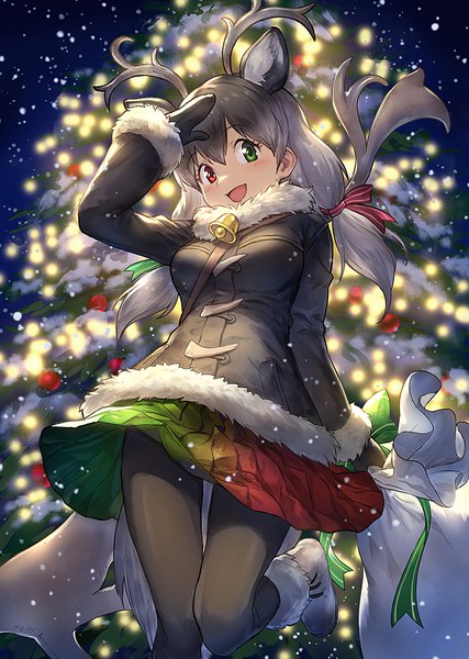 Anime picture 800x1125 with kemono friends reindeer (kemono friends) guchico single long hair tall image looking at viewer blush fringe open mouth hair between eyes twintails animal ears pleated skirt horn (horns) depth of field heterochromia low twintails christmas gradient hair