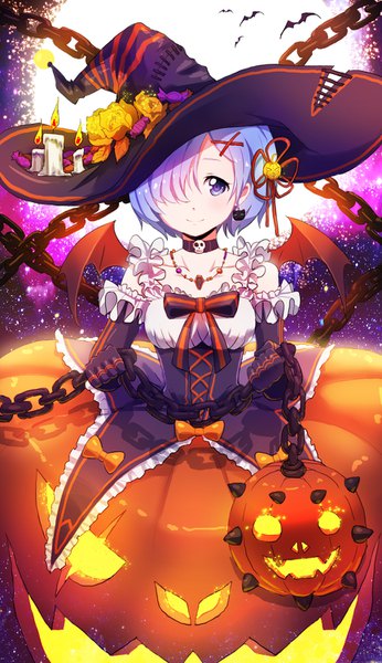 Anime picture 866x1500 with re:zero kara hajimeru isekai seikatsu white fox rem (re:zero) lengchan (fu626878068) single tall image looking at viewer fringe short hair blue eyes smile blue hair hair over one eye maid alternate costume halloween demon wings witch girl gloves