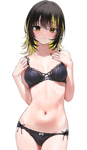 Anime picture 2108x3616 with idolmaster idolmaster shiny colors ikaruga luca gin00 single long hair tall image looking at viewer blush fringe highres breasts light erotic black hair simple background blonde hair hair between eyes standing white background brown eyes