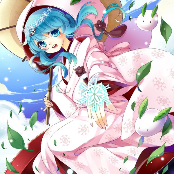 Anime picture 1500x1500 with vocaloid hatsune miku yuki miku yuki miku (2013) miso1006 single long hair looking at viewer blush open mouth traditional clothes aqua eyes aqua hair snowflake print girl hair ornament hood leaf (leaves) umbrella snowflake (snowflakes)