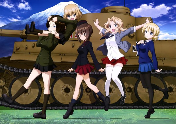 Anime picture 4092x2894 with girls und panzer darjeeling (girls und panzer) katyusha (girls und panzer) nishizumi maho nonna (girls und panzer) kay (girls und panzer) long hair highres short hair open mouth blue eyes black hair blonde hair brown hair multiple girls brown eyes looking away absurdres scan official art