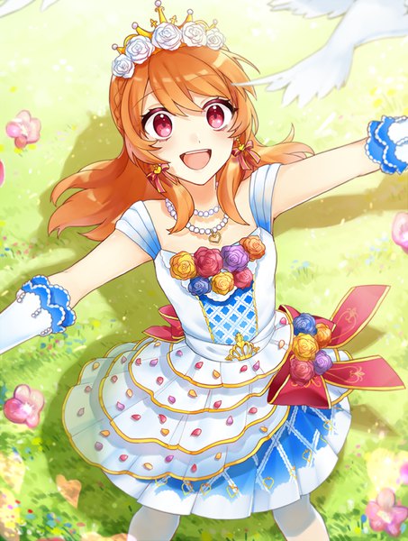 Anime picture 643x850 with aikatsu! oozora akari shiao single long hair tall image open mouth red eyes outdoors :d from above orange hair shadow spread arms girl dress flower (flowers) earrings animal bird (birds)