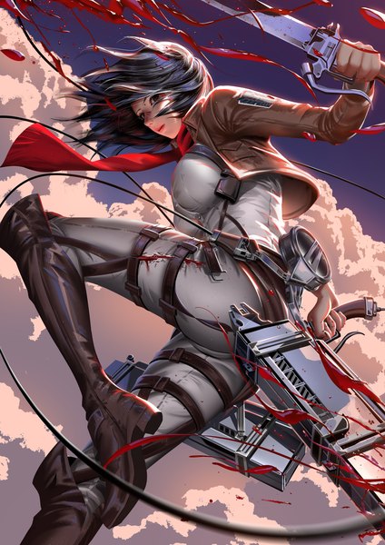 Anime picture 2828x4000 with shingeki no kyojin production i.g mikasa ackerman liang xing single tall image looking at viewer highres short hair breasts black hair large breasts holding sky cloud (clouds) bent knee (knees) outdoors ass long sleeves parted lips