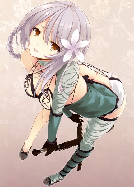 Anime picture 2434x3387 with nier kaine (nier) mikoto akemi single tall image highres short hair breasts light erotic white background holding brown eyes ass white hair braid (braids) hair flower dual wielding girl hair ornament weapon