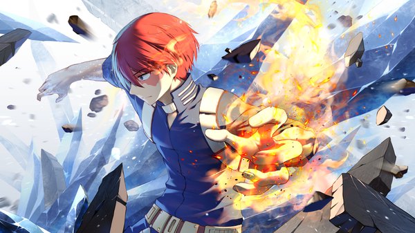 Anime picture 1600x900 with boku no hero academia studio bones todoroki shouto lilithbloody single fringe short hair blue eyes hair between eyes wide image standing looking away upper body white hair red hair profile multicolored hair two-tone hair magic spread arms