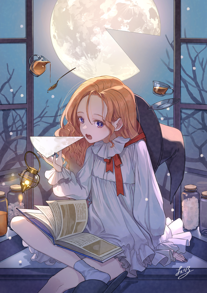Anime picture 1298x1836 with original cherico single long hair tall image looking at viewer open mouth sitting purple eyes signed full body long sleeves nail polish orange hair crossed legs wavy hair bare tree girl plant (plants) hat