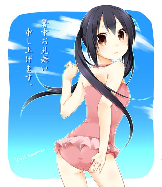 Anime picture 1200x1380 with k-on! kyoto animation nakano azusa hazuki (sutasuta) long hair tall image light erotic black hair twintails brown eyes looking back hieroglyph border outside border adjusting swimsuit girl swimsuit one-piece swimsuit