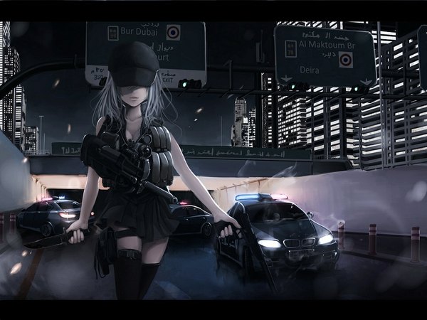 Anime picture 1080x810 with call of duty bmw koh (minagi kou) single long hair silver hair city letterboxed covering eye (eyes) police girl thighhighs weapon black thighhighs gun building (buildings) ground vehicle knife pistol flat cap