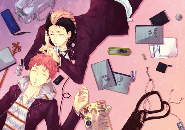 Anime picture 2224x1565 with ao no exorcist a-1 pictures shima renzou suguro ryuuji takaraya highres black hair pink hair lying eyes closed black eyes boy uniform school uniform headphones bag school bag notebook magazine