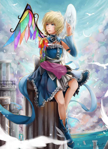 Anime picture 581x800 with original aionlights single tall image fringe short hair open mouth blue eyes blonde hair sitting looking away sky cloud (clouds) bent knee (knees) wind flying angel wings white wings girl dress