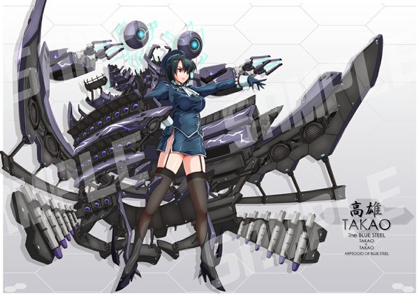 Anime picture 1182x835 with kantai collection takao heavy cruiser akatsuki matsumoto single breasts black hair red eyes light smile watermark mechanical sample watermark girl thighhighs gloves black thighhighs garter straps clothes