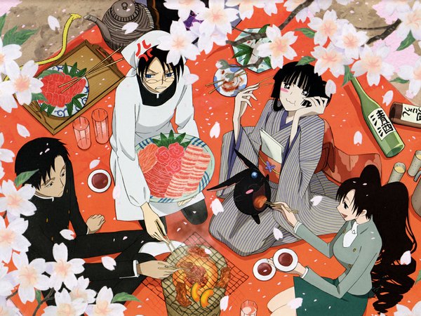 Anime picture 1024x768 with xxxholic clamp ichihara yuuko watanuki kimihiro mokona-modoki doumeki shizuka kunogi himawari kudakitsune long hair blush short hair blue eyes black hair sitting twintails multiple girls japanese clothes black eyes multiple boys cherry blossoms