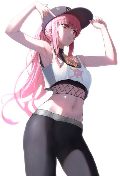 Anime picture 1000x1472 with virtual youtuber hololive hololive english mori calliope mori calliope (streetwear) golden rule single long hair tall image fringe simple background standing white background payot pink hair ponytail nail polish pink eyes arms up from below