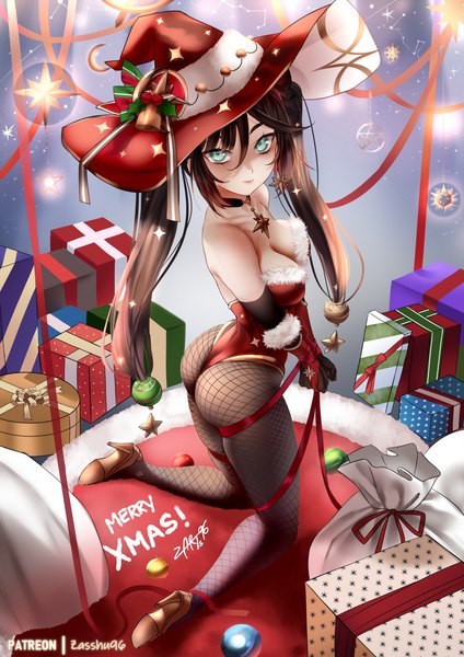 Anime-Bild 1060x1500 mit genshin impact mona megistus zasshu single long hair tall image looking at viewer fringe breasts light erotic black hair hair between eyes large breasts twintails signed payot cleavage full body bent knee (knees) ass