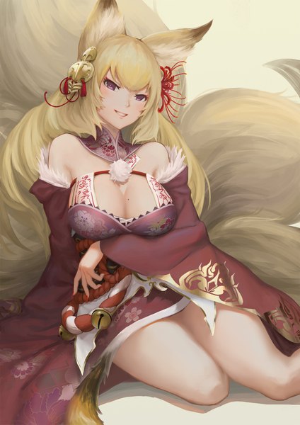 Anime picture 1200x1697 with sennen sensou aigis kayou (sennen sensou aigis) hcho single long hair tall image looking at viewer blush fringe breasts light erotic simple background blonde hair smile large breasts sitting purple eyes bare shoulders animal ears bent knee (knees)
