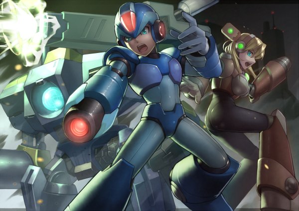Anime picture 1227x867 with rockman x rockman (character) tkln long hair open mouth blue eyes blonde hair profile arm cannon girl boy weapon gun suit helmet robot