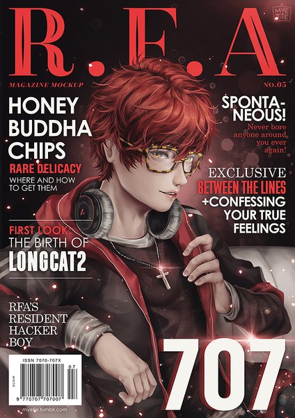 Anime picture 700x990 with mystic messenger 707 (mystic messenger) myeti single tall image looking at viewer fringe short hair sitting holding signed yellow eyes red hair arm up light smile lips arm support open jacket character names text