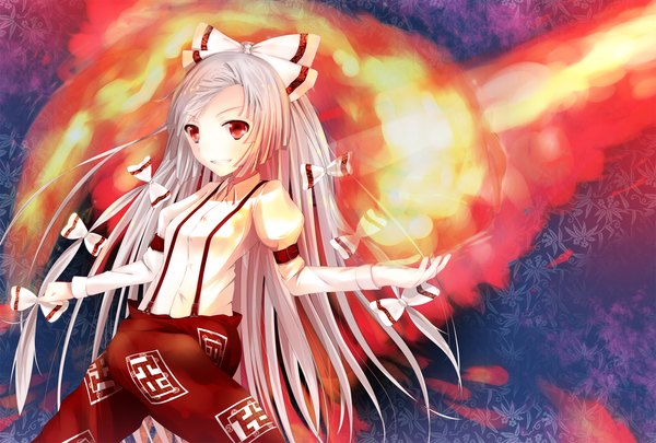 Anime picture 2000x1352 with touhou fujiwara no mokou ipette-k (artist) single long hair highres smile red eyes white hair girl bow hair bow fire