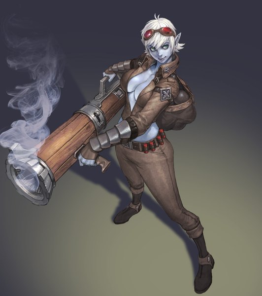 Anime picture 1500x1692 with league of legends tristana (league of legends) single tall image short hair breasts blue eyes smile white hair pointy ears dark skin smoke weapon glasses gun goggles huge weapon cartridge