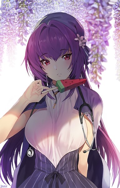 Anime picture 577x900 with fate (series) fate/grand order scathach (fate) (all) scathach skadi (fate) damda single long hair tall image looking at viewer blush fringe breasts simple background hair between eyes red eyes large breasts standing white background holding signed