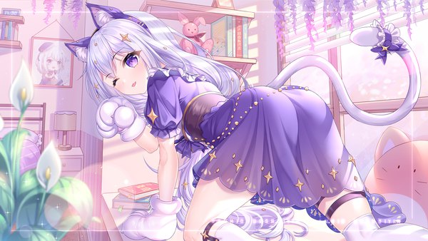 Anime picture 1772x997 with original sannio single long hair looking at viewer blush fringe highres light erotic smile wide image purple eyes signed animal ears silver hair bent knee (knees) ass tail animal tail one eye closed