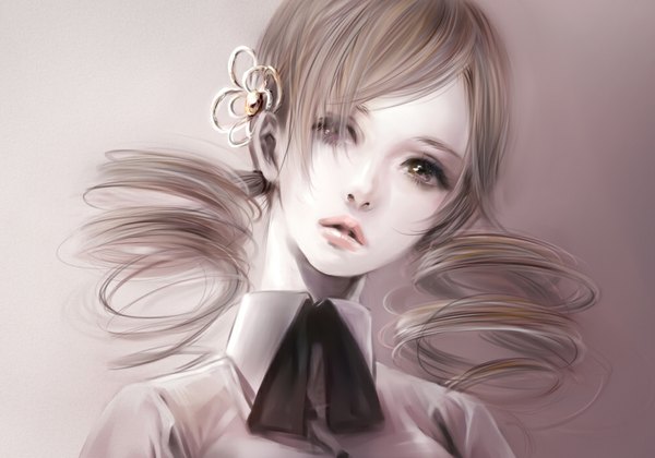 Anime picture 1000x700 with mahou shoujo madoka magica shaft (studio) tomoe mami pochka single looking at viewer open mouth blonde hair looking away parted lips lips realistic drill hair sad girl uniform hair ornament school uniform