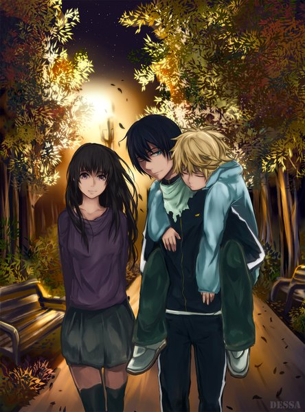 Anime picture 1332x1800 with noragami studio bones yato (noragami) iki hiyori yukine (noragami) dessa-nya long hair tall image looking at viewer fringe short hair black hair blonde hair standing purple eyes signed sky aqua eyes light smile night