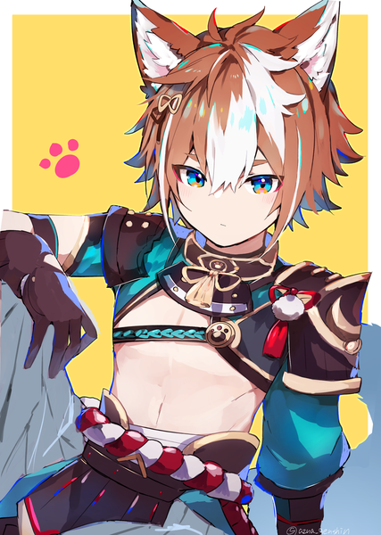 Anime picture 2095x2942 with genshin impact gorou (genshin impact) azna single tall image fringe highres blue eyes simple background hair between eyes brown hair signed animal ears white hair tail animal tail multicolored hair two-tone hair twitter username fox ears