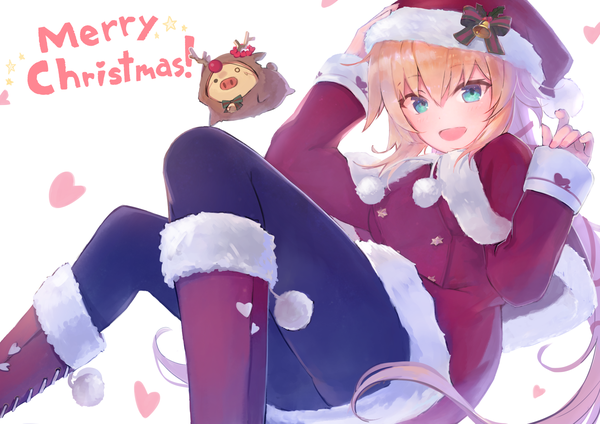 Anime picture 1754x1240 with virtual youtuber hololive akai haato haaton (akai haato) t6 ti single long hair fringe highres open mouth blue eyes blonde hair hair between eyes white background :d christmas merry christmas girl hat pantyhose