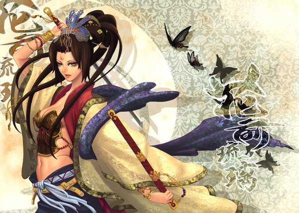 Anime picture 1746x1243 with original teddy yang single long hair highres black hair yellow eyes inscription hieroglyph fantasy girl hair ornament weapon sword insect butterfly